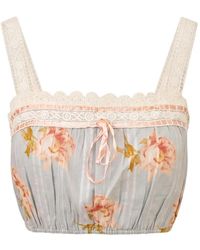 LoveShackFancy - Broca Peony-Print Lace-Trim Cropped Blouse - Lyst