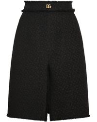 Dolce & Gabbana - Raschel Tweed Midi Skirt With Central Slit And Dg Logo - Lyst