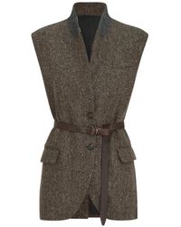 Brunello Cucinelli - Sparkling Virgin Wool Chevron Vest With Leather Belt And Monili - Lyst