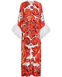 Dolce & Gabbana - Majolica-Print Long Kaftan Dress With Feather Trim - Lyst