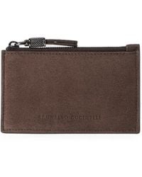 Brunello Cucinelli - Suede Card Case With Shiny Zipper Pull - Lyst