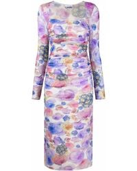 Ganni - Floral-Print Ruched Dress - Lyst