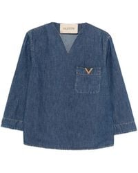 Valentino Garavani - Blusa Con Scollo A V E Placca Logo - Lyst