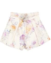 Zimmermann - High-Rise Waist Shorts With Pintucks And Floral Belt - Lyst