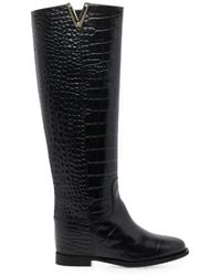 Via Roma 15 - Croc-Effect Knee-High Leather Boots - Lyst