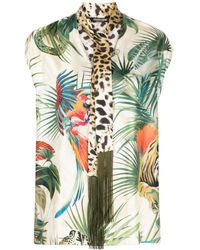 Roberto Cavalli - Jungle-print Tie-neck Silk Top - Lyst