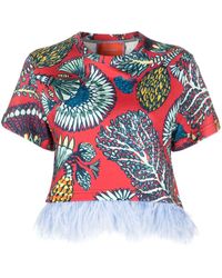 La DoubleJ - La Scala Feather-trim Cotton T-shirt - Lyst