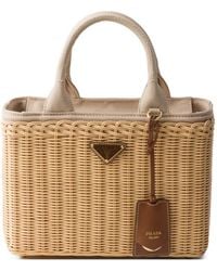 Prada - Medium Wicker And Canvas Tote Bag - Lyst