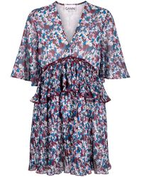 Ganni - Geplooide Mini-jurk Met Bloemenprint - Lyst