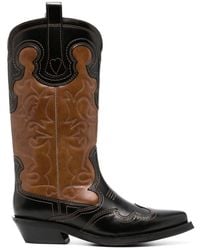 Ganni - Embroidered Two-tone Leather Cowboy Boots - Lyst