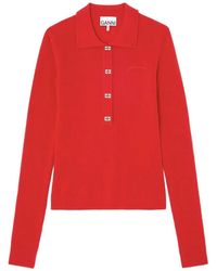 Ganni - Logo-Button Long-Sleeve Polo Shirt - Lyst