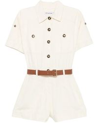 Self-Portrait - Button-Fastening Short-Sleeve Denim Playsuit - Lyst