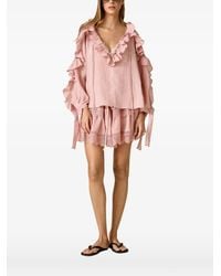 Pink - Ruffled Lace-Trim Blouse - Lyst