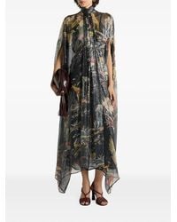 Etro - Long Silk Dress With Cape Detail And Flower And Animal Motif - Lyst