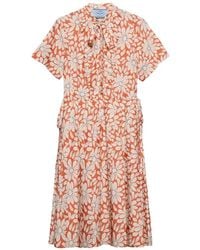 Prada - Printed Pleated Pongé Dress - Lyst