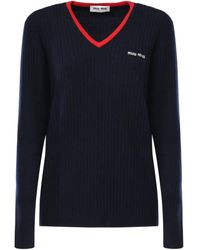 Miu Miu - Gerippter Pullover mit V-Ausschnitt - Lyst