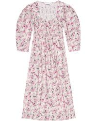 Ganni - Midi-jurk Met Pofmouwen En Bloemenprint - Lyst
