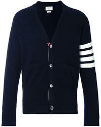 Thom Browne - V-neck Cardigan With 4-bar Stripe In Navy Cashmere - Lyst