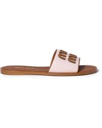 Miu Miu - Claquettes En Cuir Et Toile - Lyst