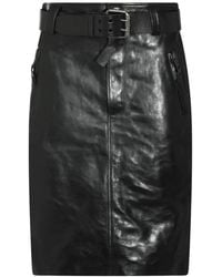 Saint Laurent - Belted Leather Midi Skirt - Lyst