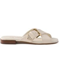 Prada - Leather Criss-Cross Buckle Slides - Lyst