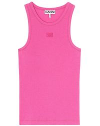 Ganni - Logo-Patch Ribbed Tank Top - Lyst