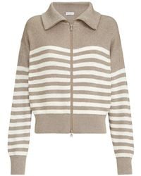 Brunello Cucinelli - Sparkling Cotton Striped English Rib Cardigan With Zipper And Monili - Lyst