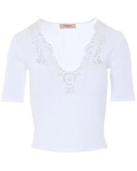 Twinset - Lace-Detail Ribbed T-Shirt - Lyst