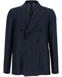 Tagliatore - Double-Breasted Denim Blazer - Lyst
