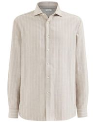 Brunello Cucinelli - Lyocell And Cotton Chalk Stripe Flannel Shirt With Spread Collar - Lyst
