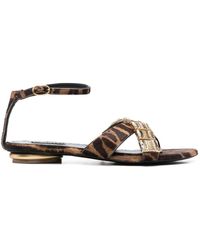 Roberto Cavalli Leather Crystal-embellished Panther Head Snakeskin Sandals in Gold Womens Shoes Flats and flat shoes Flat sandals White 