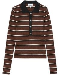 Ganni - Striped Button-Embellished Polo Shirt - Lyst