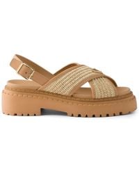 Prada - Leather-Raffia Crossover Platform Sandals 55 - Lyst