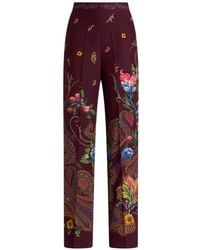 Etro - Silk Trousers With Micro Motif And Placed Floral Paisley Print - Lyst