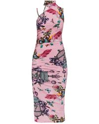 Versace Jeans Couture - Midi-Jurk Met Hoge Hals En Vogelkooiprint - Lyst
