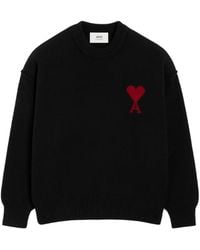 Ami Paris - Wool Crewneck Sweater With Contrasted Ami De Coeur - Lyst