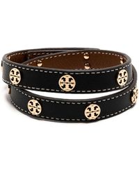 Tory Burch Logo-studded Metallic Leather Double-wrap Bracelet