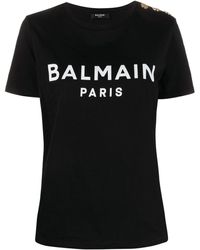 Balmain - T -Shirt mit Logo -Druck und geprägten Knöpfen - Lyst