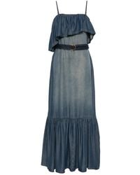 Pinko - Ruffled Belted Denim Maxi Dress - Lyst