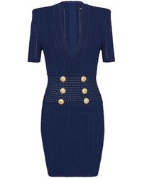 Balmain - Abito corto blu in maglia con scollo a V - Lyst