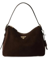 Prada - Logo-Plaque Suede Shoulder Bag - Lyst