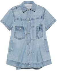 Sacai - Pleated Denim Mini Shirt Dress - Lyst