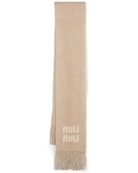 Miu Miu - Neutral Logo Jacquard Fringed Scarf - Women's - Polyamide/wool/mohair - Lyst