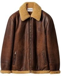 Miu Miu - Waxed Leather Shearling-Trim Jacket - Lyst