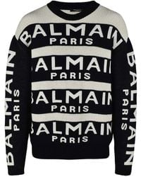 Balmain - Horizontal Striped Wool Sweater With Logo Accents - Lyst