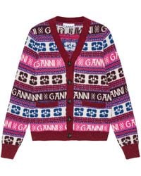 Ganni - Pink Logo Wool Mix Strickjacke - Lyst