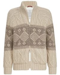 Brunello Cucinelli - Virgin Wool, Silk And Cashmere Chiné Cable Knit Down Jacket With Intarsia - Lyst