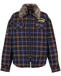 Protocol Index - Check-Pattern Faux-Fur Collar Shirt Jacket - Lyst