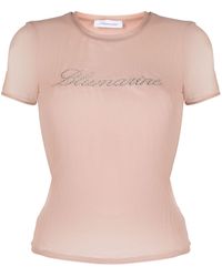 Blumarine - T-shirt en résille à logo strassé - Lyst