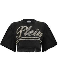 Philipp Plein - Logo-Strass Cropped T-Shirt - Lyst